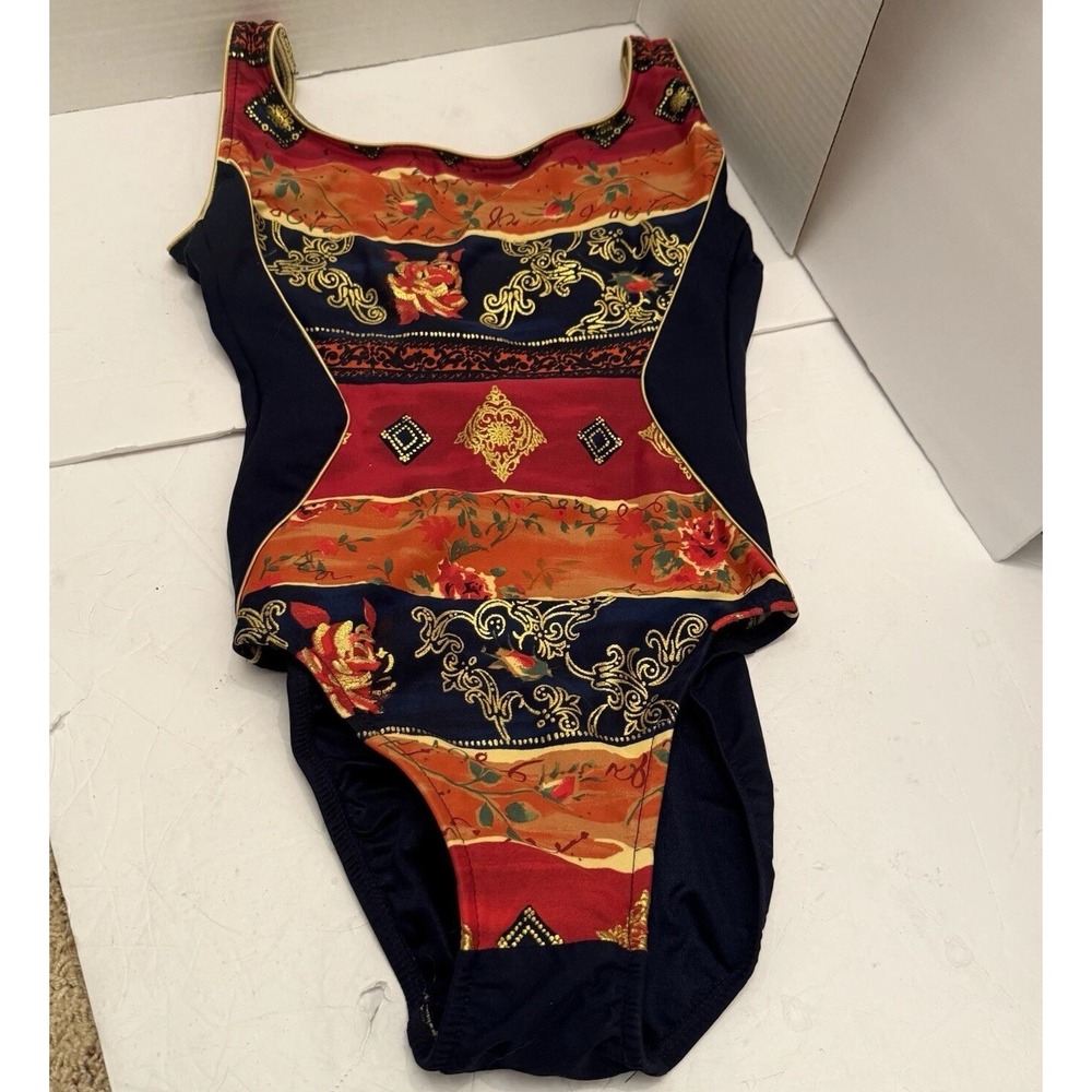 Vtg Sirena One‎ Piece Swimsuit-Size 8-Floral-Built In Bra-Gold Trim-Wide Straps